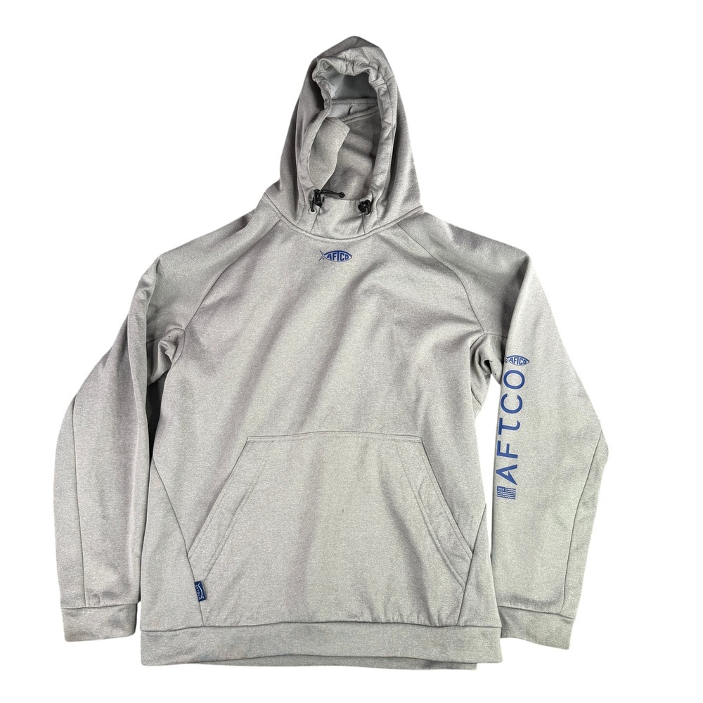 AFTCO Hoodie Mens Large Gray Performance Fishing Integrated Face Mask Logo
